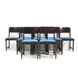 Set of 10 Art Deco Dining Chairs, Black Lacquered Oak, 1920s